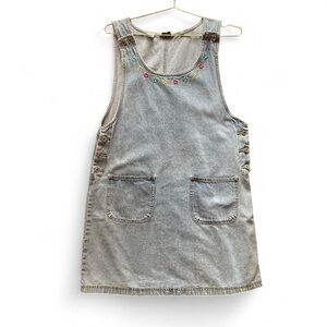 Vintage 90s Embroidered Denim Jumper Dress – Floral Pinafore Cottagecore Overall